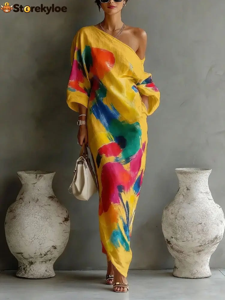 Women’s Artistic Print One-shoulder Maxi Dress