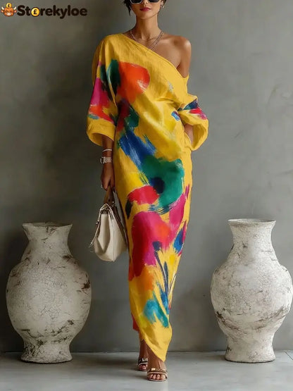 Women’s Artistic Print One-shoulder Maxi Dress