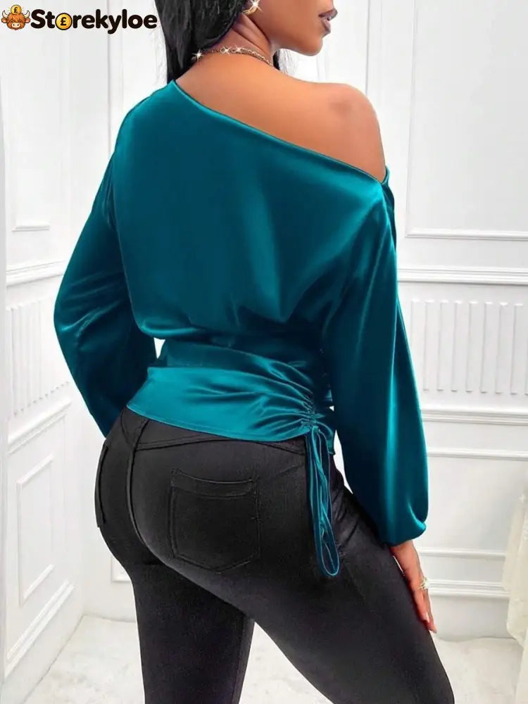 Women’s Asymmetrical Long-Sleeved Satin Blouse with Slanted Collar