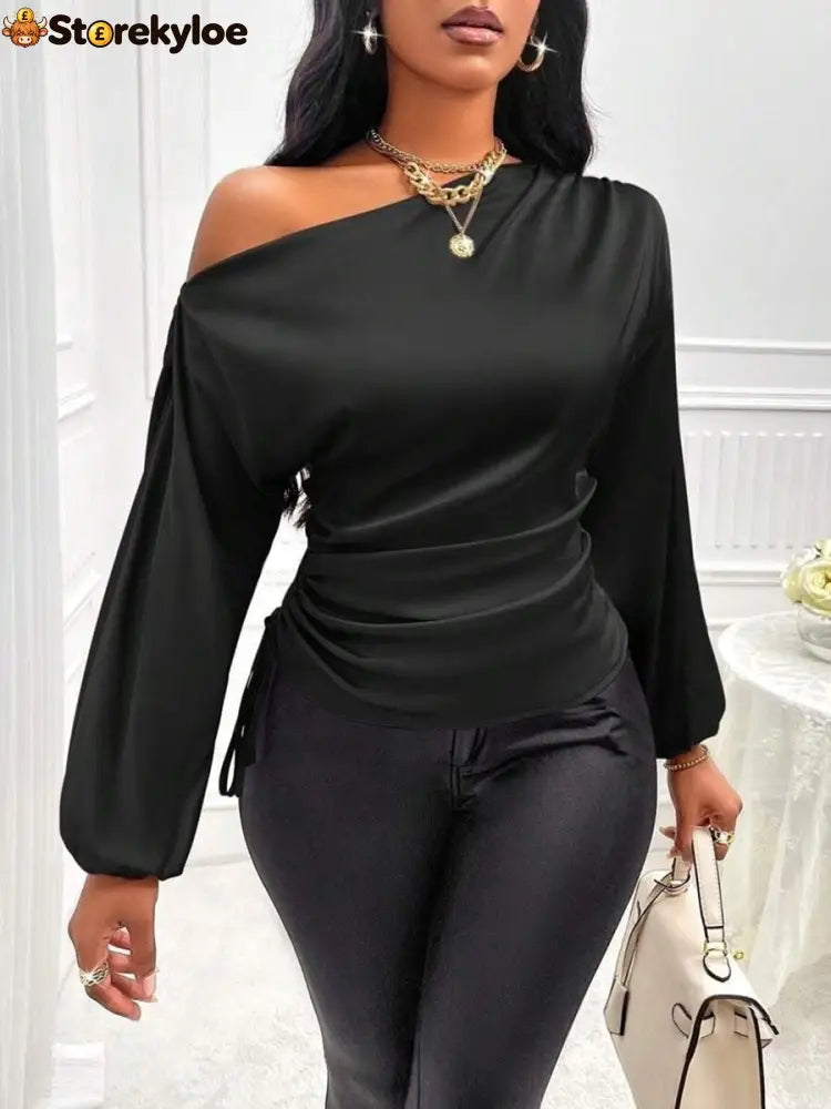 Women’s Asymmetrical Long-Sleeved Satin Blouse with Slanted Collar - Black / S