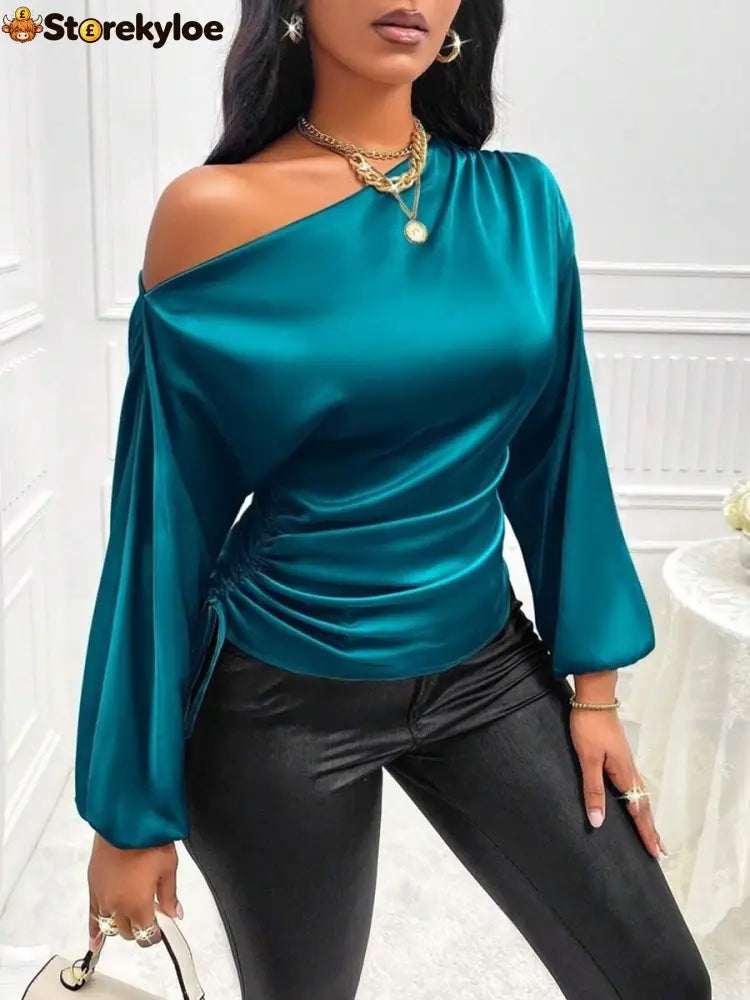 Women’s Asymmetrical Long-Sleeved Satin Blouse with Slanted Collar - Blue / S
