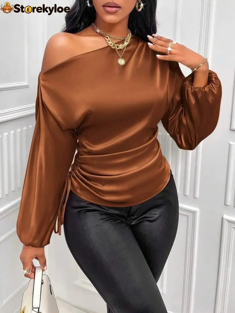 Women’s Asymmetrical Long-Sleeved Satin Blouse with Slanted Collar - Coffee / S