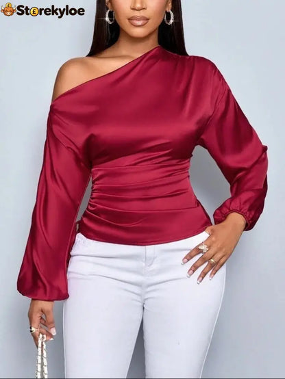 Women’s Asymmetrical Long-Sleeved Satin Blouse with Slanted Collar - Red / S