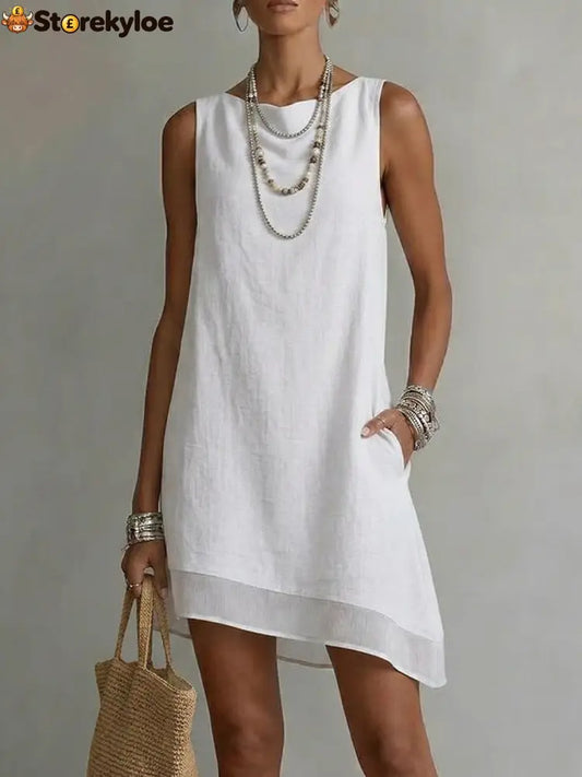 Women’s Bateau Neck Sleeveless Diagonal Skirt Dress - White / S