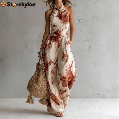 Women’s Beige Abstract Print Halter Wide-Leg Jumpsuit - Amber / S