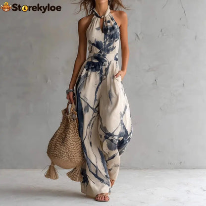 Women’s Beige Abstract Print Halter Wide-Leg Jumpsuit - Navy blue / S
