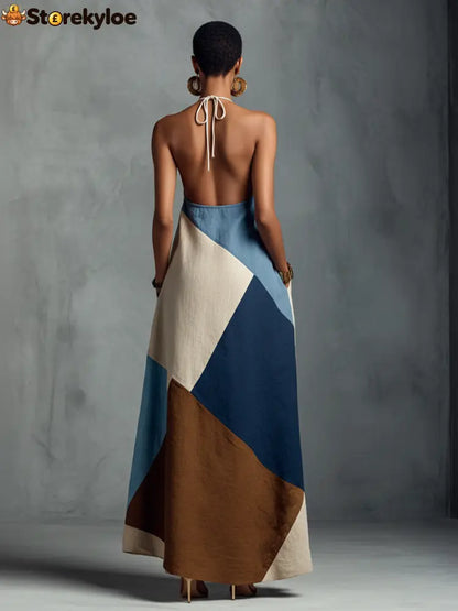 Women’s Bohemian Multi-color Cotton Linen Blend Patchwork Halter Maxi Dress