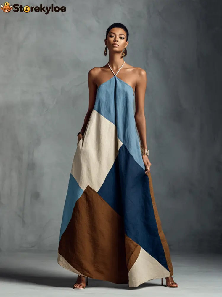 Women’s Bohemian Multi-color Cotton Linen Blend Patchwork Halter Maxi Dress