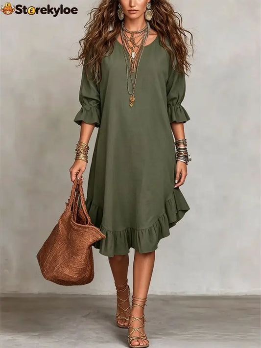 Women’s Casual Loose-fitting Round Neck Ruffles Linen And Cotton Short-sleeved Dress - Green / S