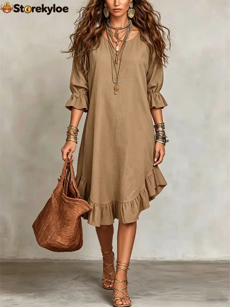 Women’s Casual Loose-fitting Round Neck Ruffles Linen And Cotton Short-sleeved Dress - Khaki / S