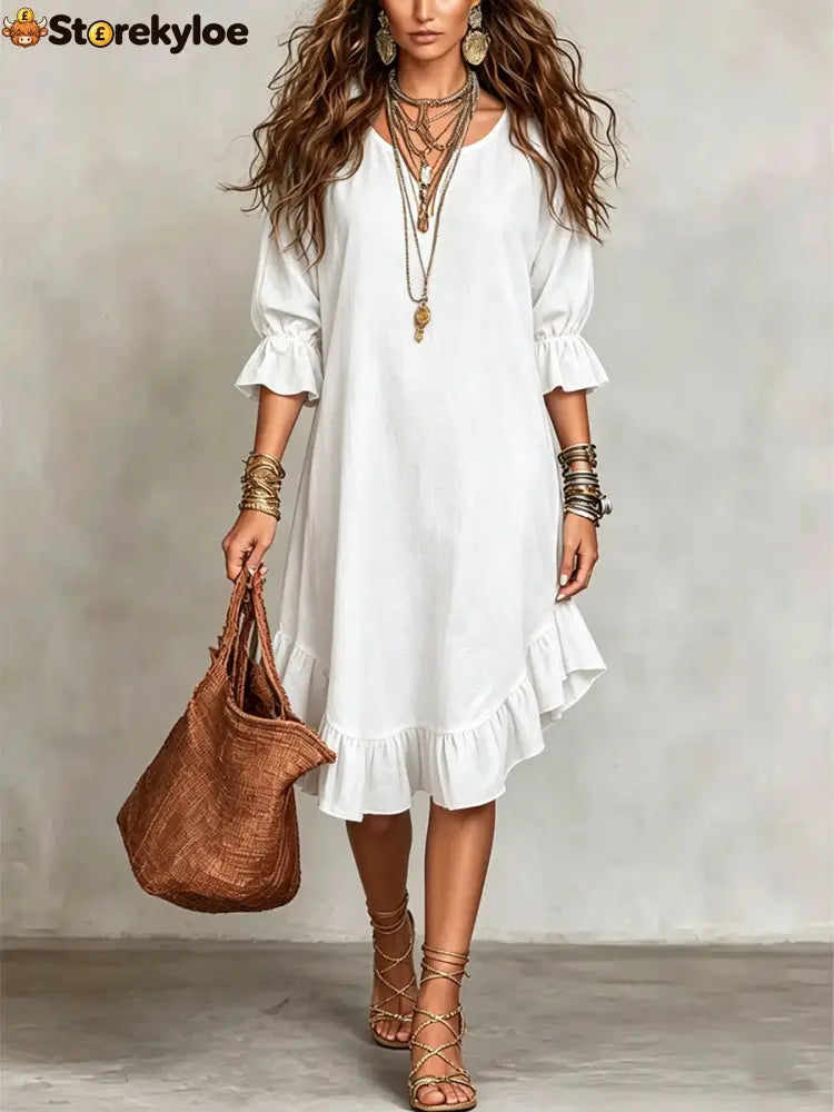 Women’s Casual Loose-fitting Round Neck Ruffles Linen And Cotton Short-sleeved Dress - White / S