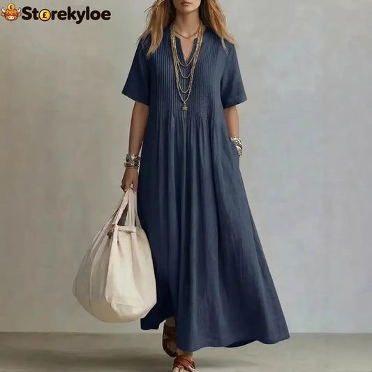 Women’s Casual Loose Short Sleeve Maxi Dress - Blue / S