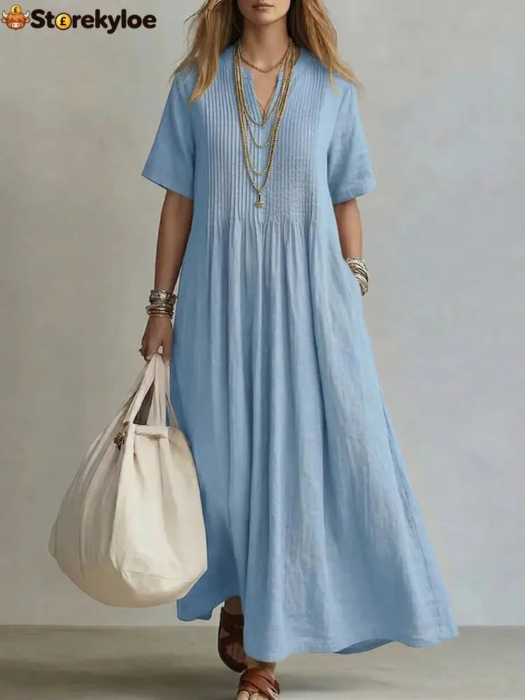 Women’s Casual Loose Short Sleeve Maxi Dress - Light blue / S