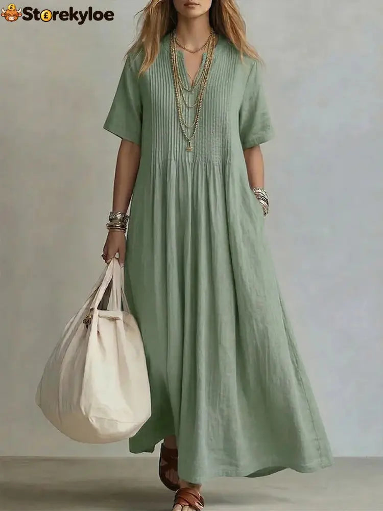Women’s Casual Loose Short Sleeve Maxi Dress - Light green / S