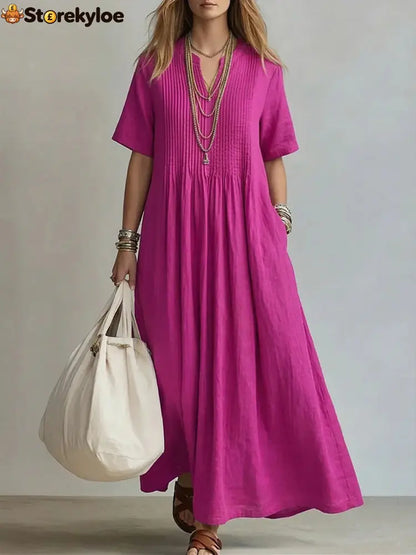 Women’s Casual Loose Short Sleeve Maxi Dress - Rose red / S