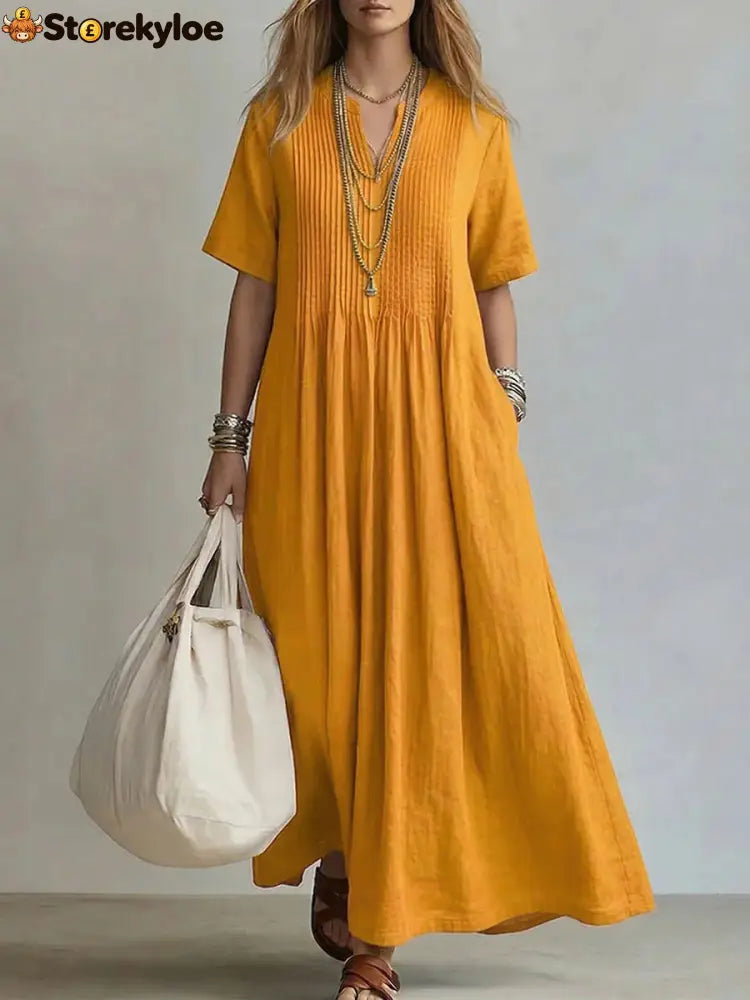 Women’s Casual Loose Short Sleeve Maxi Dress - Yellow / S