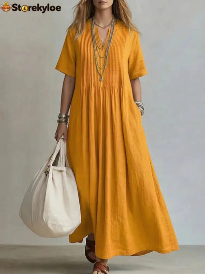 Women’s Casual Loose Short Sleeve Maxi Dress - Yellow / S