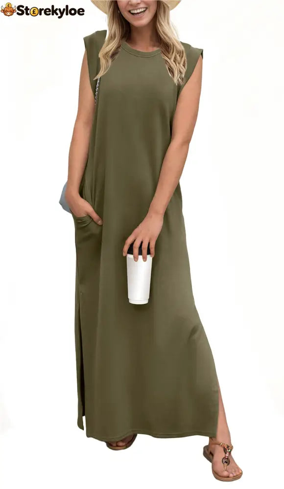 Women’s Casual Loose Split Wrinkle-Free Maxi Dress - Army Green / S