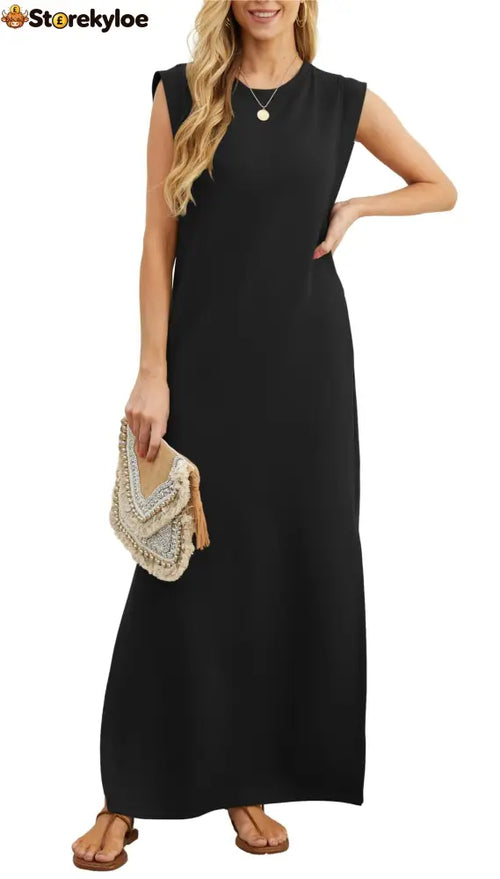 Women’s Casual Loose Split Wrinkle-Free Maxi Dress - Black / S