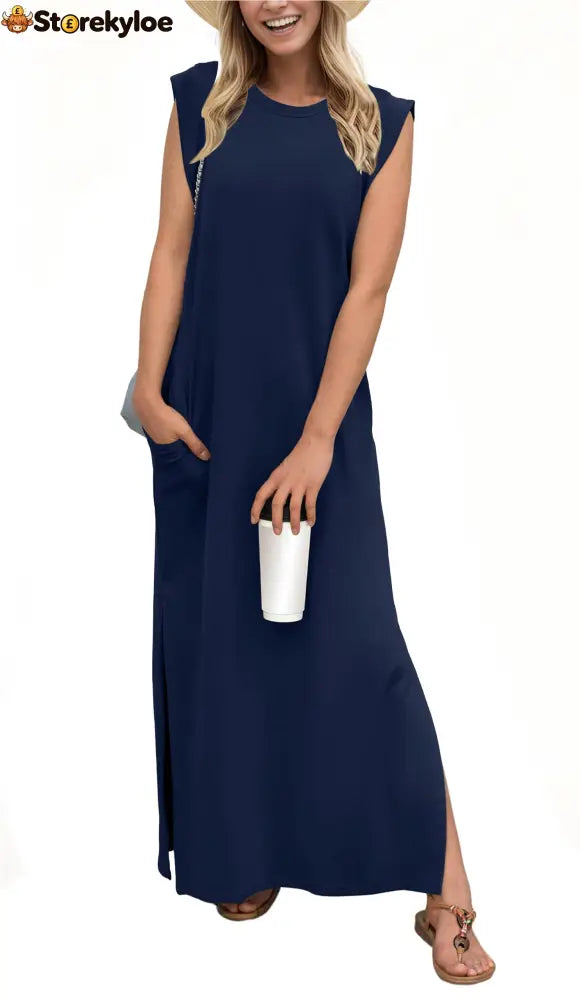 Women’s Casual Loose Split Wrinkle-Free Maxi Dress - Navy Blue / S