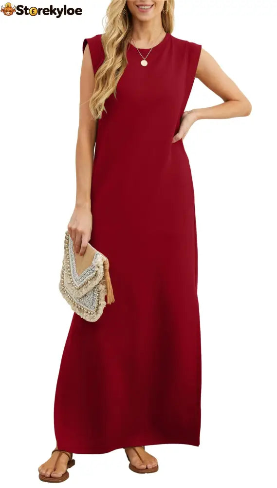 Women’s Casual Loose Split Wrinkle-Free Maxi Dress - Wine Red / S
