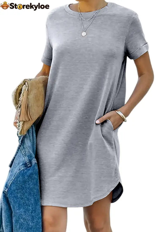 🔥Women’s Casual Short Sleeve T Shirt Dress Basic Dresses with Pockets(Buy 2 Free Shipping) - Grey / S