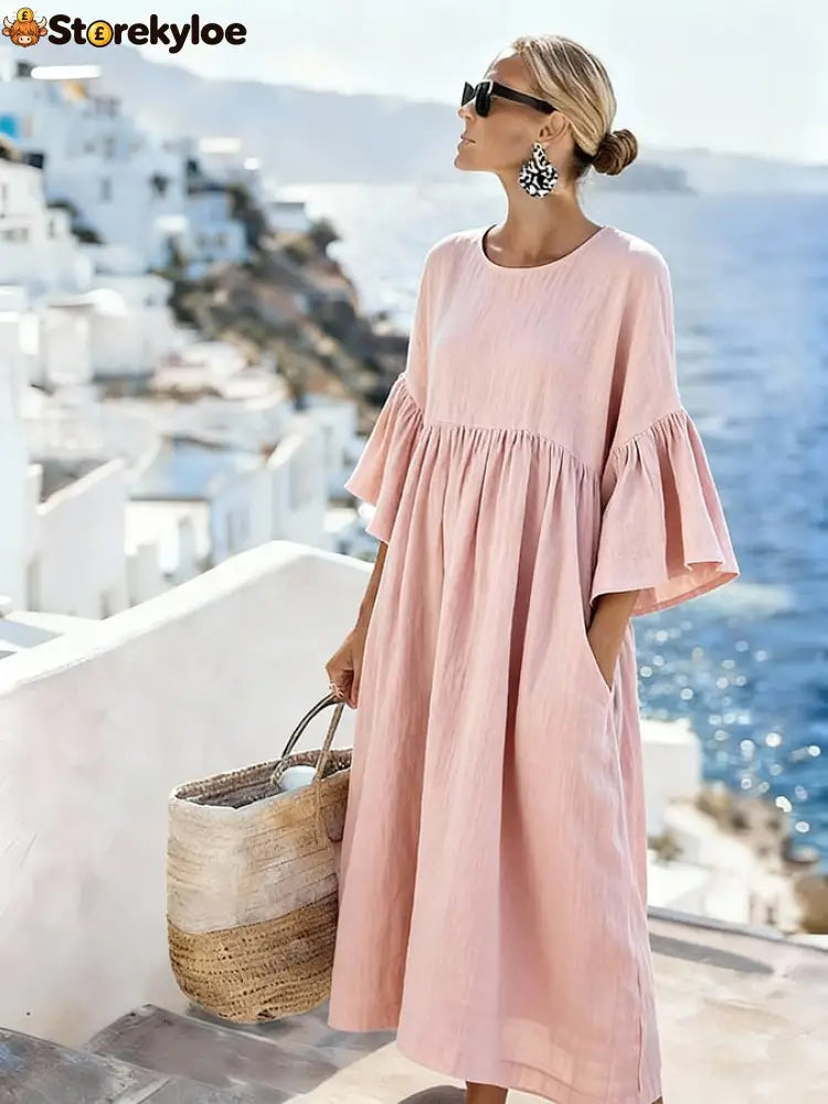 Women’S Casual Solid Color Dress - Pink / S