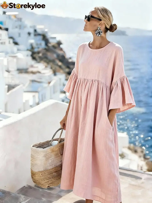 Women’S Casual Solid Color Dress - Pink / S