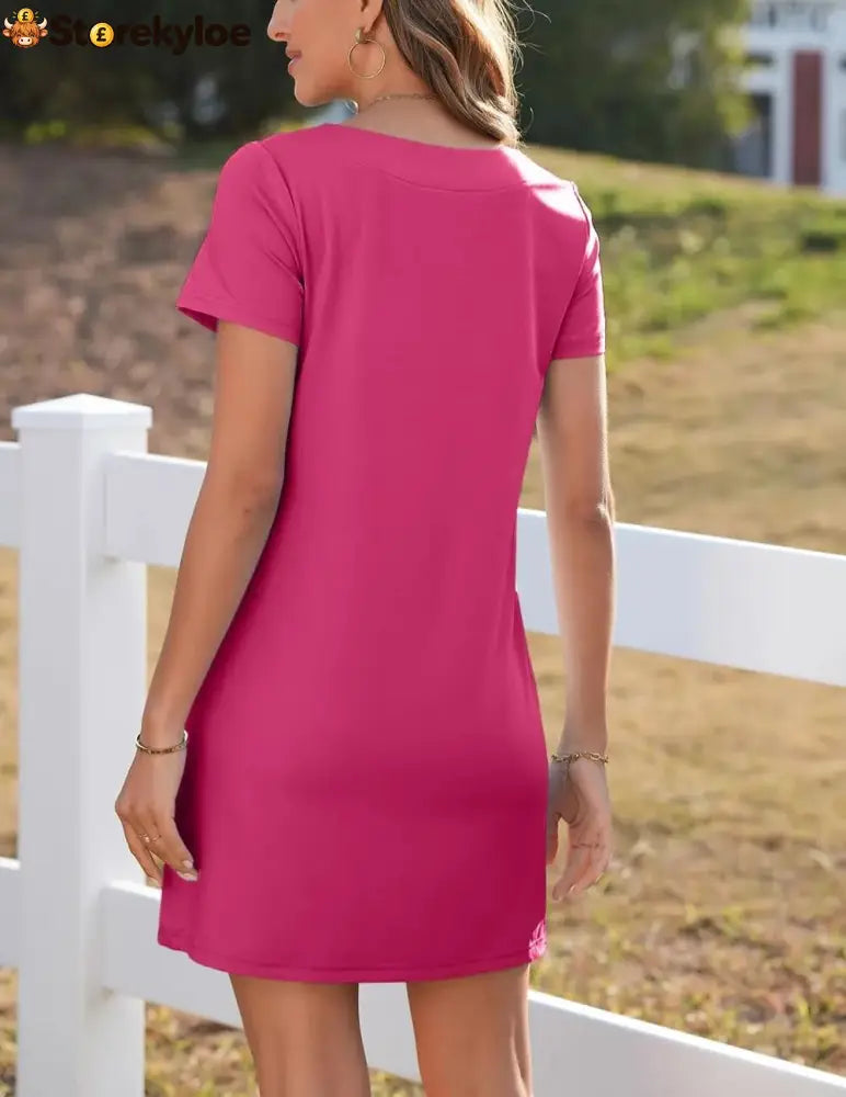 Women’s Casual Square Neck Pocket Short Sleeve Dress with Pockets