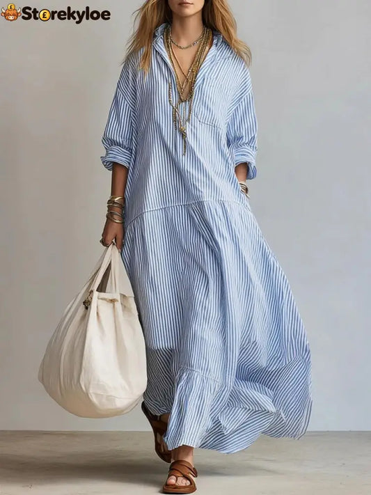 Women’s Casual Striped Loose-fitting Dress - Blue / S