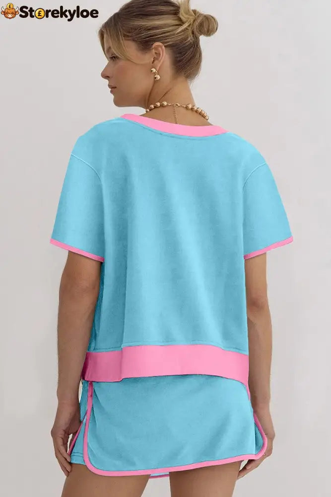 Women’s Colorblock Edge Drop Shoulder T Shirt Skort 2 Pcs Set