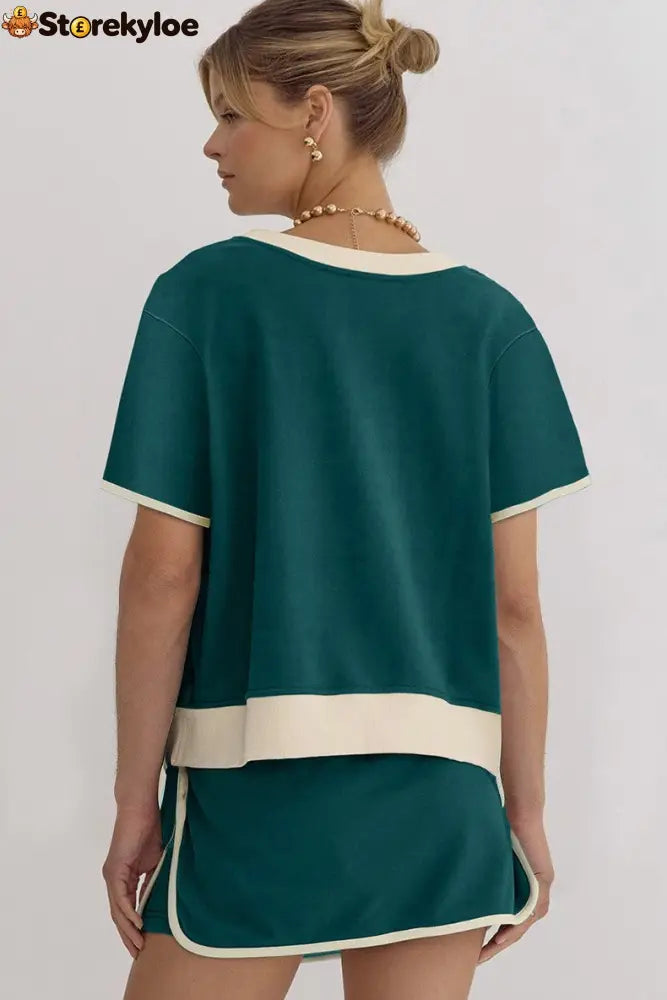 Women’s Colorblock Edge Drop Shoulder T Shirt Skort 2 Pcs Set