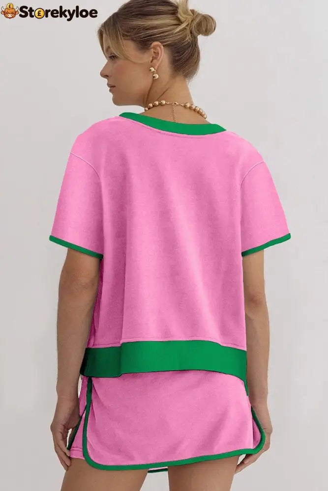 Women’s Colorblock Edge Drop Shoulder T Shirt Skort 2 Pcs Set
