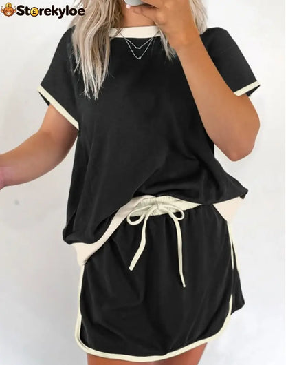 Women’s Colorblock Edge Drop Shoulder T Shirt Skort 2 Pcs Set - Black / S