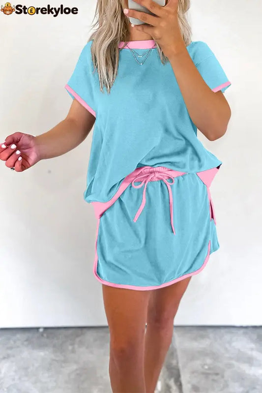 Women’s Colorblock Edge Drop Shoulder T Shirt Skort 2 Pcs Set - Blue / S