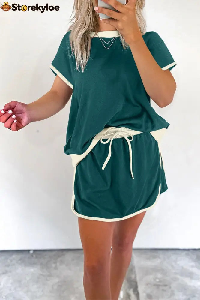 Women’s Colorblock Edge Drop Shoulder T Shirt Skort 2 Pcs Set - Green / S