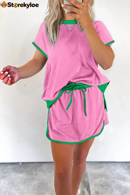 Women’s Colorblock Edge Drop Shoulder T Shirt Skort 2 Pcs Set - Pink / S