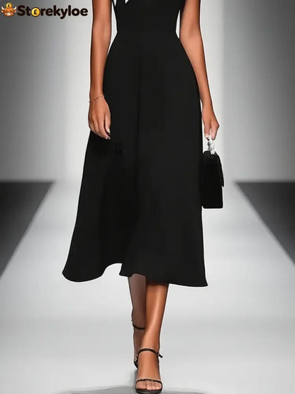 Women’s Colorblock Square Neck Cap Shoulder Sleeve Waist Midi Dress
