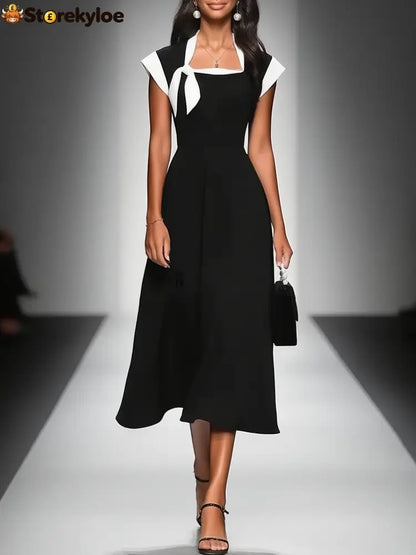 Women’s Colorblock Square Neck Cap Shoulder Sleeve Waist Midi Dress - Black / XS
