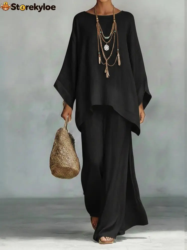 Women’s Comfortable Loose-fitting Linen And Cotton Top And Wide-leg Pants Two-piece Set. - Black / S
