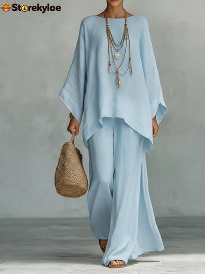 Women’s Comfortable Loose-fitting Linen And Cotton Top And Wide-leg Pants Two-piece Set. - LightBlue / S