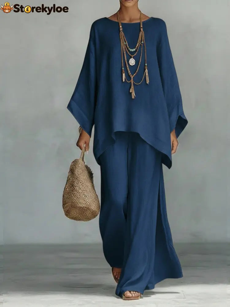Women’s Comfortable Loose-fitting Linen And Cotton Top And Wide-leg Pants Two-piece Set. - Navy / S