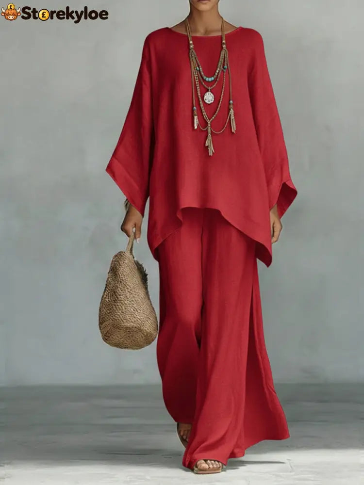 Women’s Comfortable Loose-fitting Linen And Cotton Top And Wide-leg Pants Two-piece Set. - Red / S
