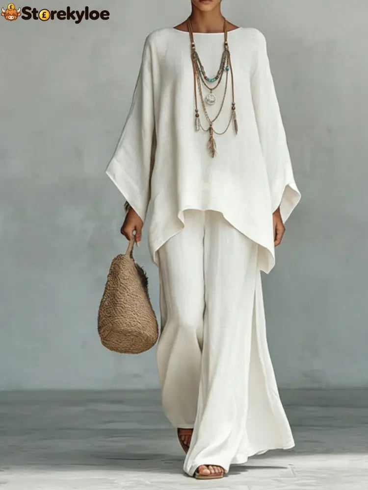 Women’s Comfortable Loose-fitting Linen And Cotton Top And Wide-leg Pants Two-piece Set. - White / S