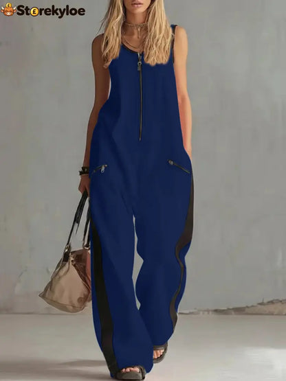 Women’s Contrast Color Sleeveless Jumpsuit - Sporty Wide Leg with Zipper Detail (S-2XL) - Dark blue / S