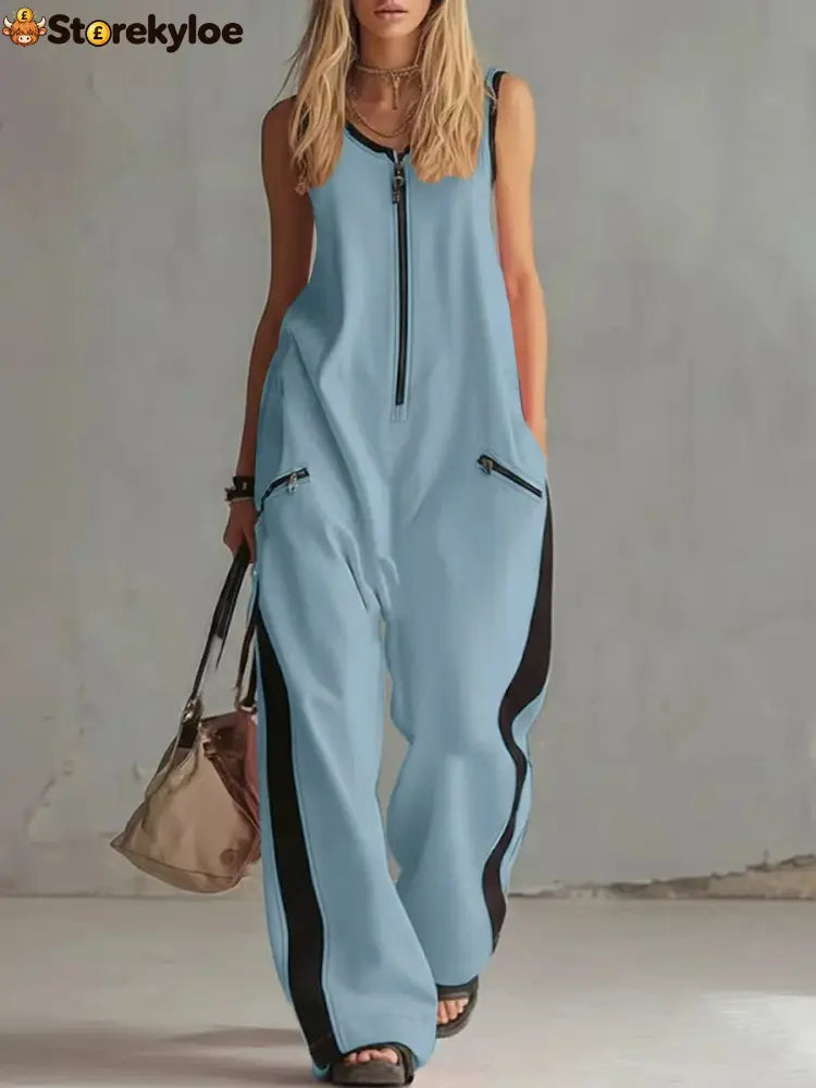 Women’s Contrast Color Sleeveless Jumpsuit - Sporty Wide Leg with Zipper Detail (S-2XL) - Sky blue / S