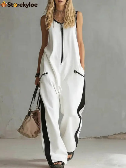 Women’s Contrast Color Sleeveless Jumpsuit - Sporty Wide Leg with Zipper Detail (S-2XL) - White / S