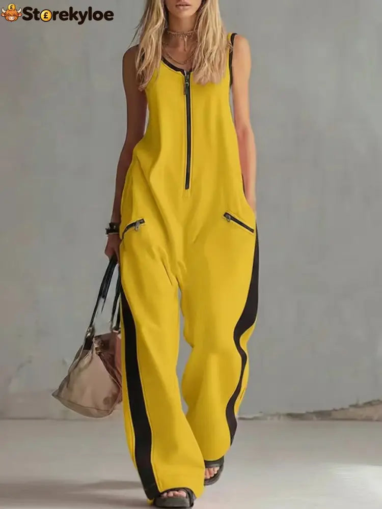 Women’s Contrast Color Sleeveless Jumpsuit - Sporty Wide Leg with Zipper Detail (S-2XL) - Yellow / S