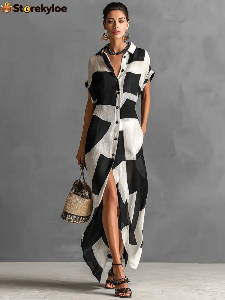 Women’s Cotton And Linen Blend Irregular Geometric Print Lapel Single-Breasted Short-Sleeved Maxi Shirt Dress