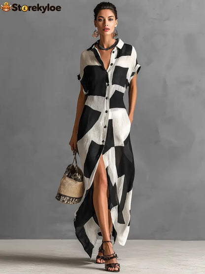Women’s Cotton And Linen Blend Irregular Geometric Print Lapel Single-Breasted Short-Sleeved Maxi Shirt Dress